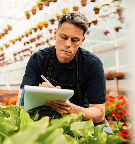 Greenhouse worker going through checklist and writing notes. seguro de responsabilidad civil para ingenieros agrónomos